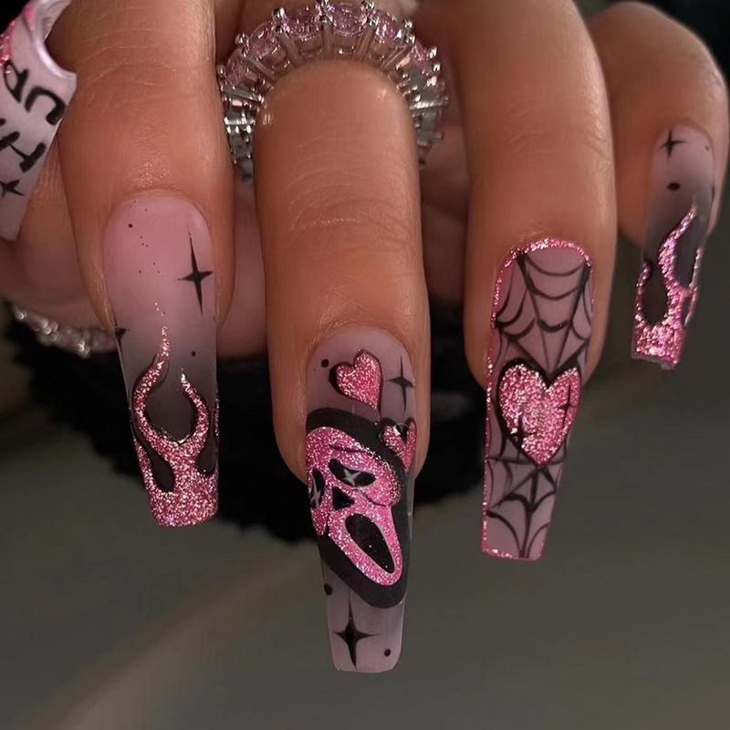 Nail Art Gliter - 24pcs Glitter Pink Sequins Fake Nails