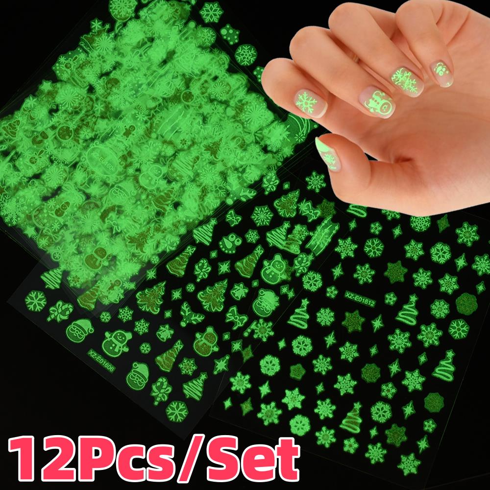 Nail Art Xmas Tree - 12Pcs/Set 3D Luminous Christmas Snowflakes Nail