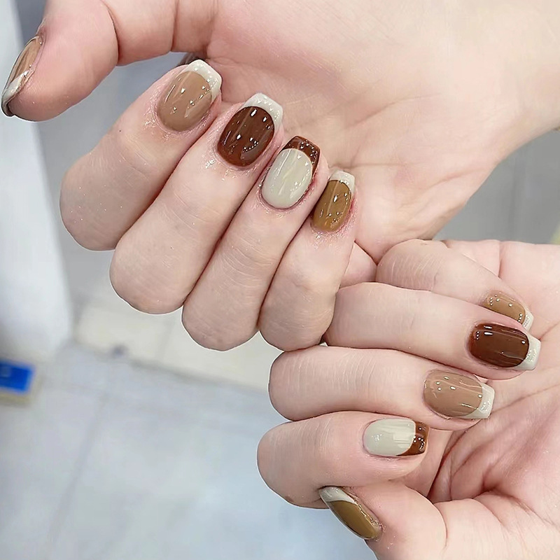 24Pcs Caramel Brown Ombre Glit - Nail Art Simple Elegant ulasan dan harga