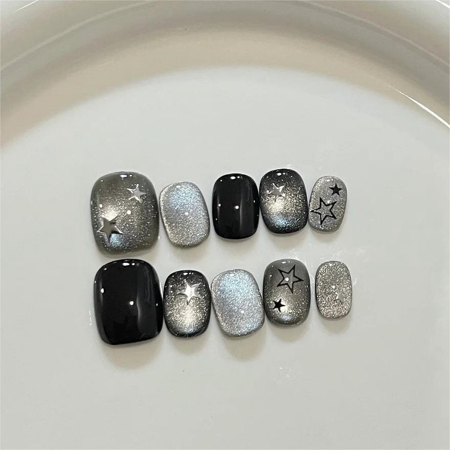 10Pcs Plaid Star Press on Nail - Nail Art Gliter ulasan dan harga
